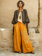 Bohemian Three-piece Set: Ethnic-print Cotton-linen Long Cardigan, Sleeveless Top, And Trousers