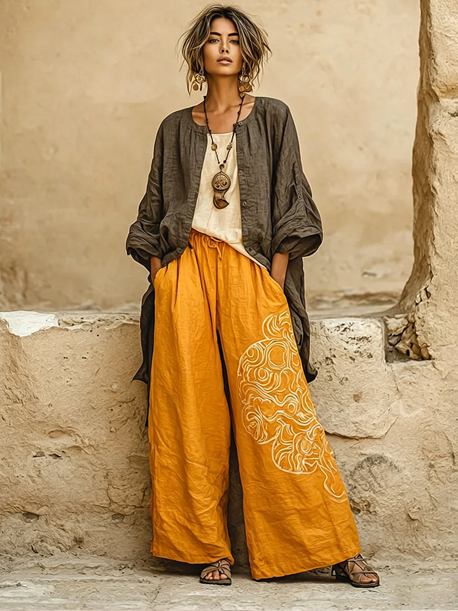 Bohemian Three-piece Set: Ethnic-print Cotton-linen Long Cardigan, Sleeveless Top, And Trousers