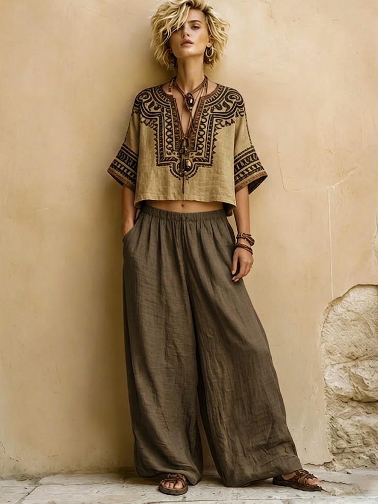 Bohemian Ethnic-print Linen And Cotton Shirt And Pants Two-piece Set