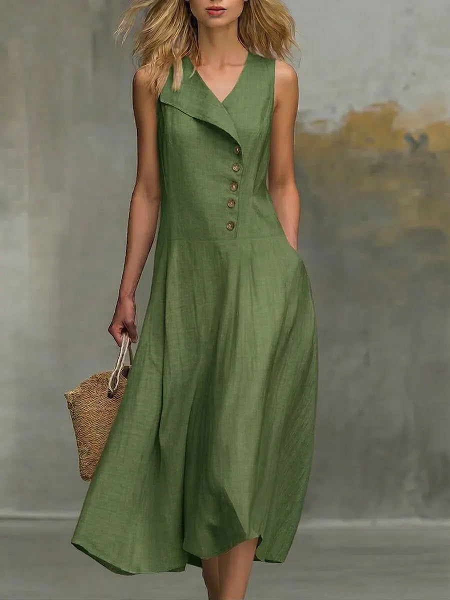 Women's Solid-color V-neck Sleeveless Casual Loose Cotton-linen Dress