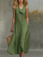 Women's Solid-color V-neck Sleeveless Casual Loose Cotton-linen Dress