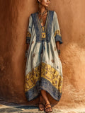 Women's Vintage Art Print Casual Cotton-linen Maxi Dress