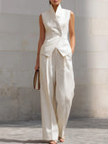 Women's Stand-up Collar Sleeveless Casual Loose Top And High-waisted Casual Loose Wide-leg Pants Cotton Set