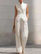 Women's Stand-up Collar Sleeveless Casual Loose Top And High-waisted Casual Loose Wide-leg Pants Cotton Set