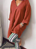 Casual Plain V Neck Long Sleeve Loose Shirt & Striped Pants 2Ps Set