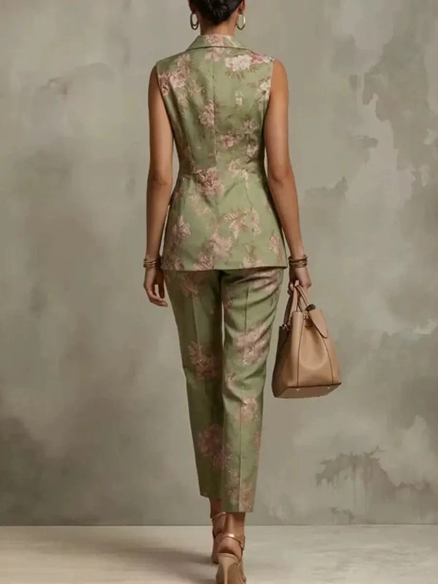 Women's Elegant Floral Sleeveless Blazer And Pants Two-piece Set