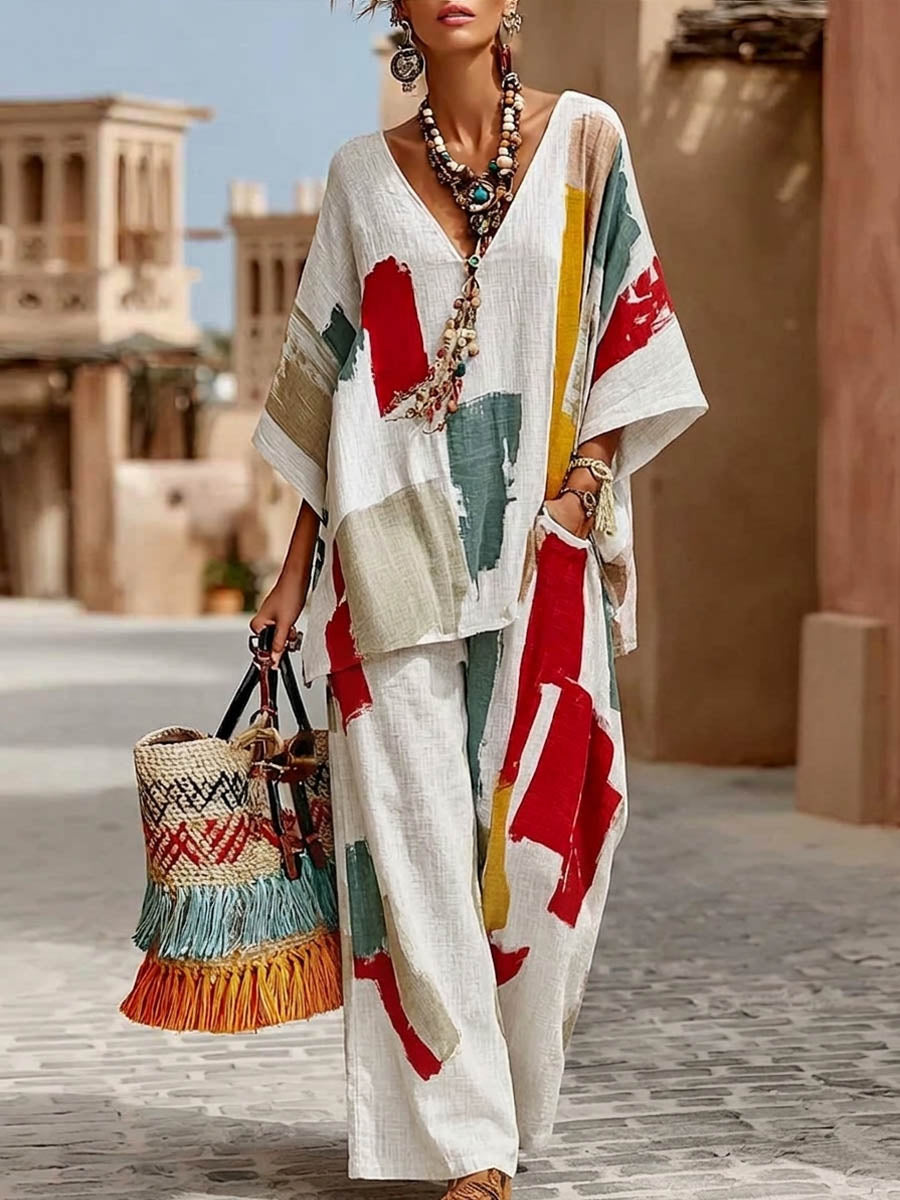 Women's Cotton-linen Set: Abstract Print V-neck 3/4-sleeve Casual Top & High-waisted Loose Wide-leg Pants