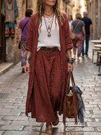 Women's Casual Cotton-linen Set: Loose-fit Long-sleeve Cardigan & High-waisted Wide-leg Pants