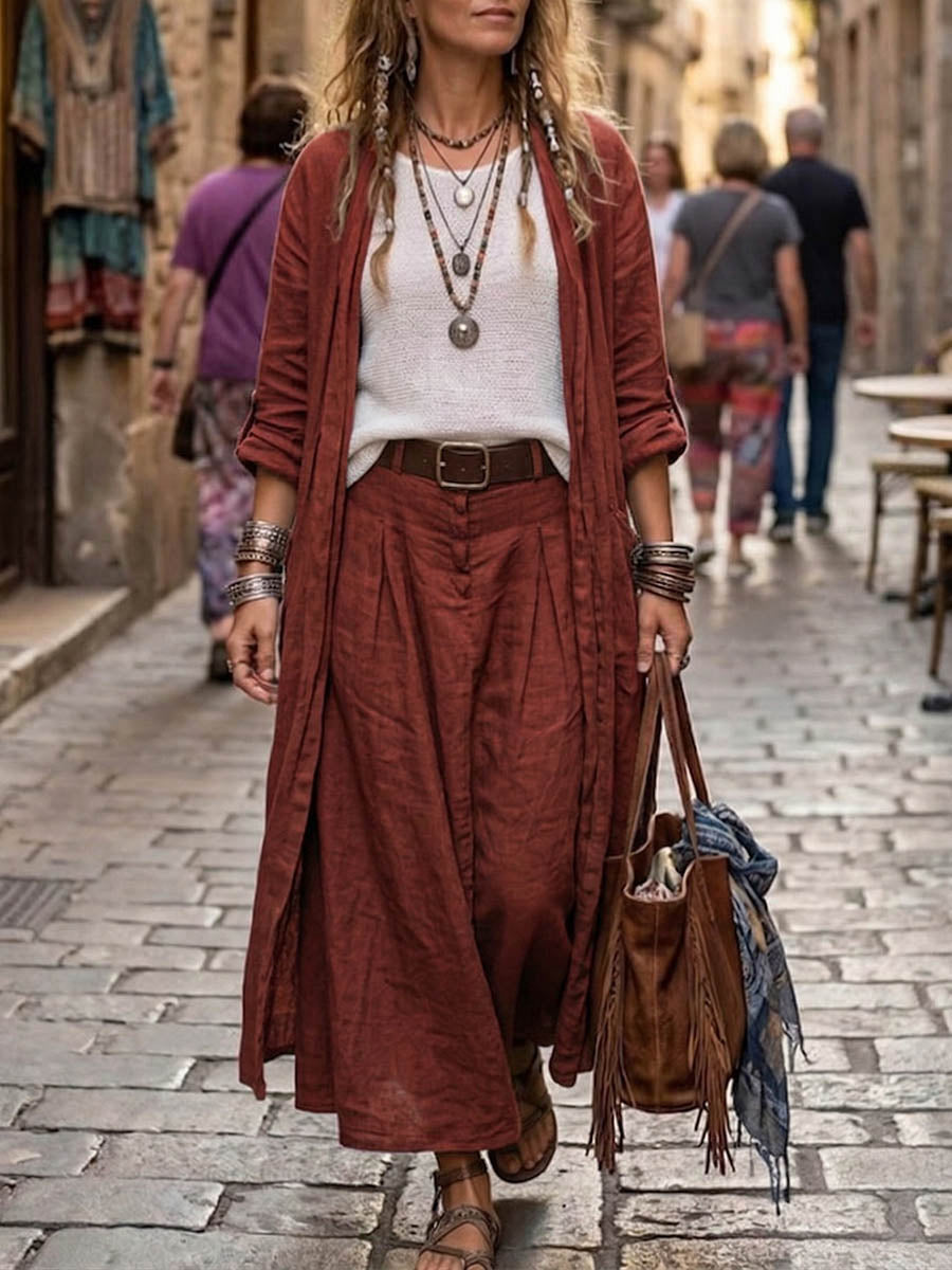 Women's Casual Cotton-linen Set: Loose-fit Long-sleeve Cardigan & High-waisted Wide-leg Pants