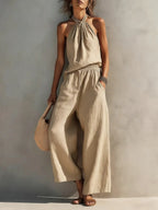 Women's Casual Halter Top And Wide-leg Pants Cotton And Linen Set