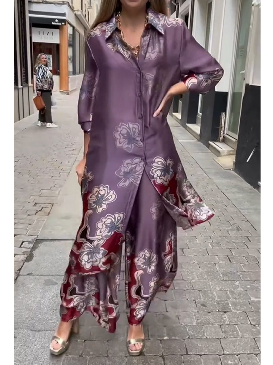 Loose And Cozy Floral-print Long Shirt And Pants Two-piece Set