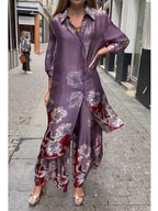 Loose And Cozy Floral-print Long Shirt And Pants Two-piece Set