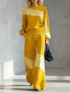 Women's Color-block Round Neck Long-sleeved Casual Loose Wide-leg Pants Knitted Set