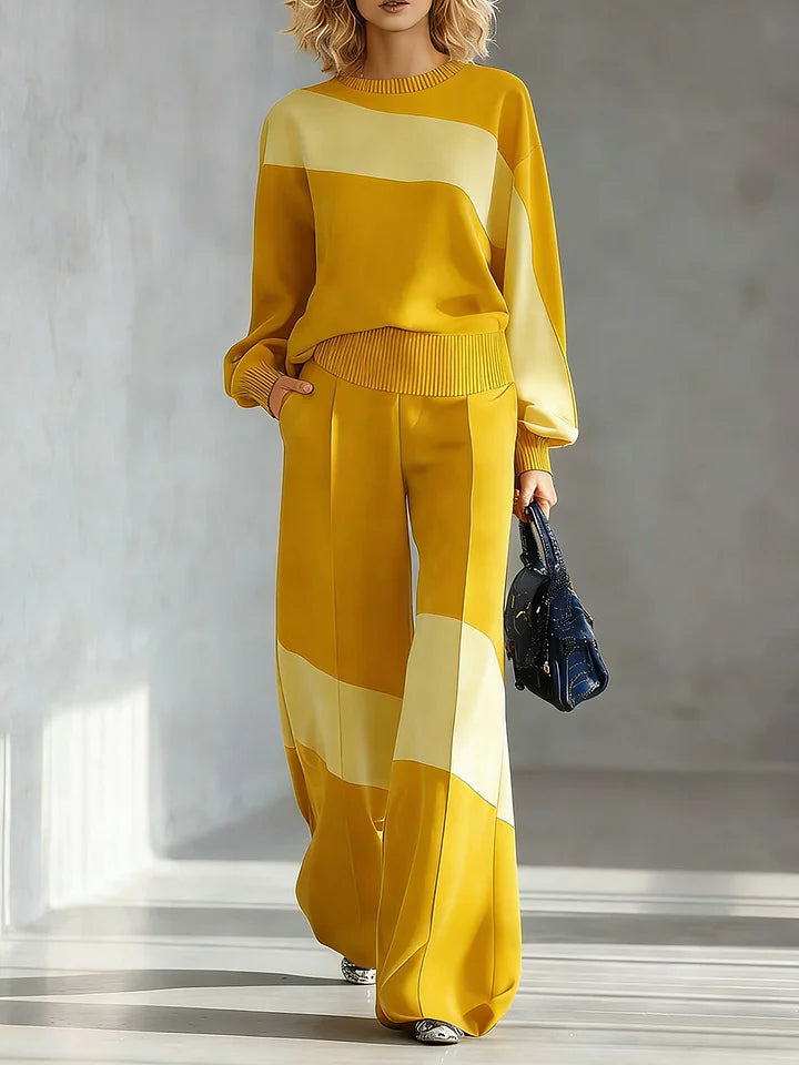 Women's Color-block Round Neck Long-sleeved Casual Loose Wide-leg Pants Knitted Set