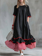 Women’s Patchwork Striped Midi Dress – Casual Red Summer Dress
