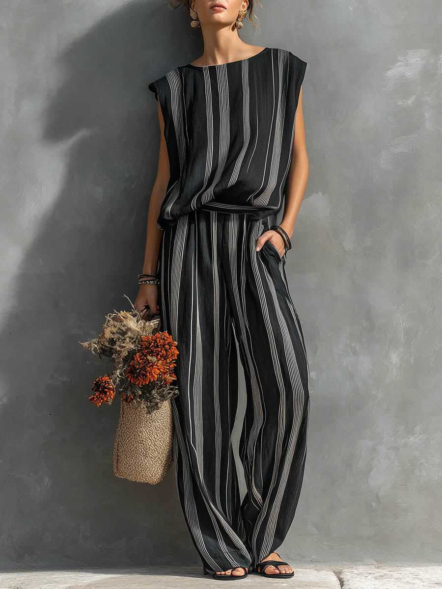 Women's Casual Striped Print Outfit: Crew Neck Sleeveless Loose-fit Top & High-waisted Wide-leg Pants Set