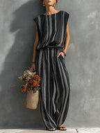 Women's Casual Striped Print Outfit: Crew Neck Sleeveless Loose-fit Top & High-waisted Wide-leg Pants Set