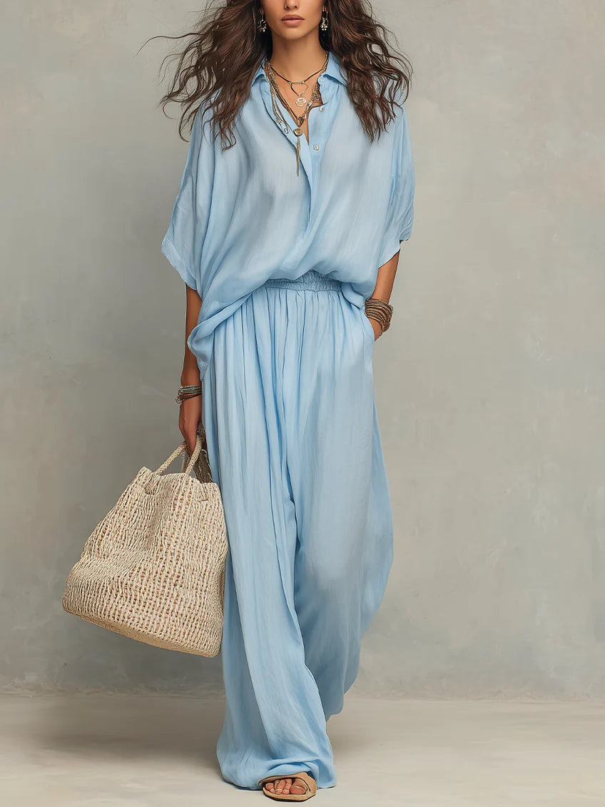 Women's Simple Shirt And Wide-leg Pants Cotton And Linen Set