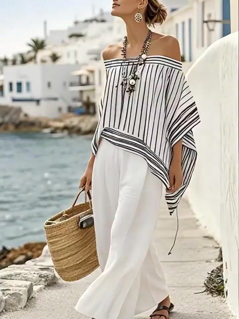 Women'S Loose Casual Striped One-Shoulder Irregular Top And Pants Set