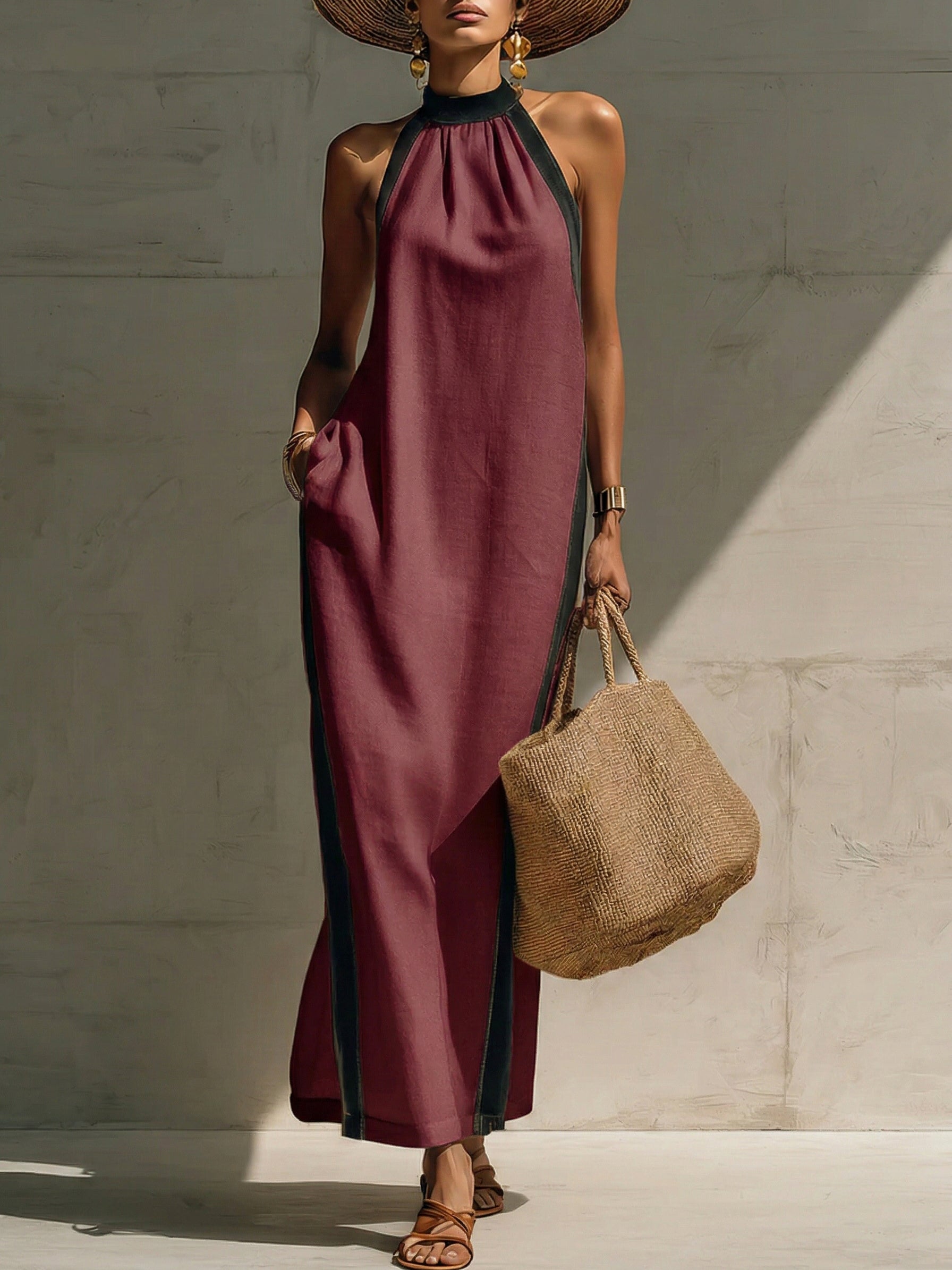 Classic And Elegant Decorative Trim Linen-cotton Dress