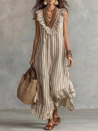 Women's Striped Art Ruffled Neck Casual Stylish Sleeveless Cotton Dress