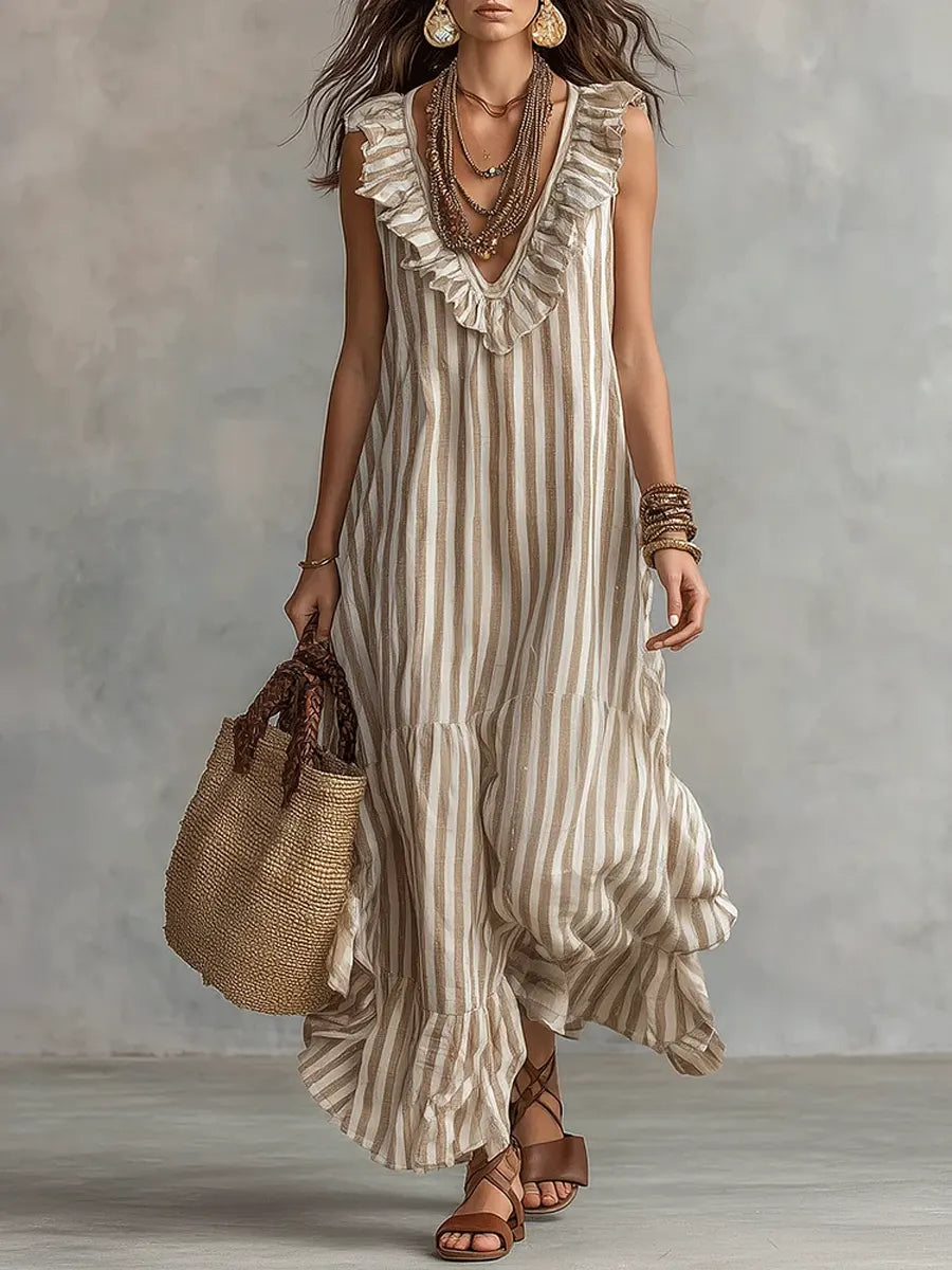 Women's Striped Art Ruffled Neck Casual Stylish Sleeveless Cotton Dress