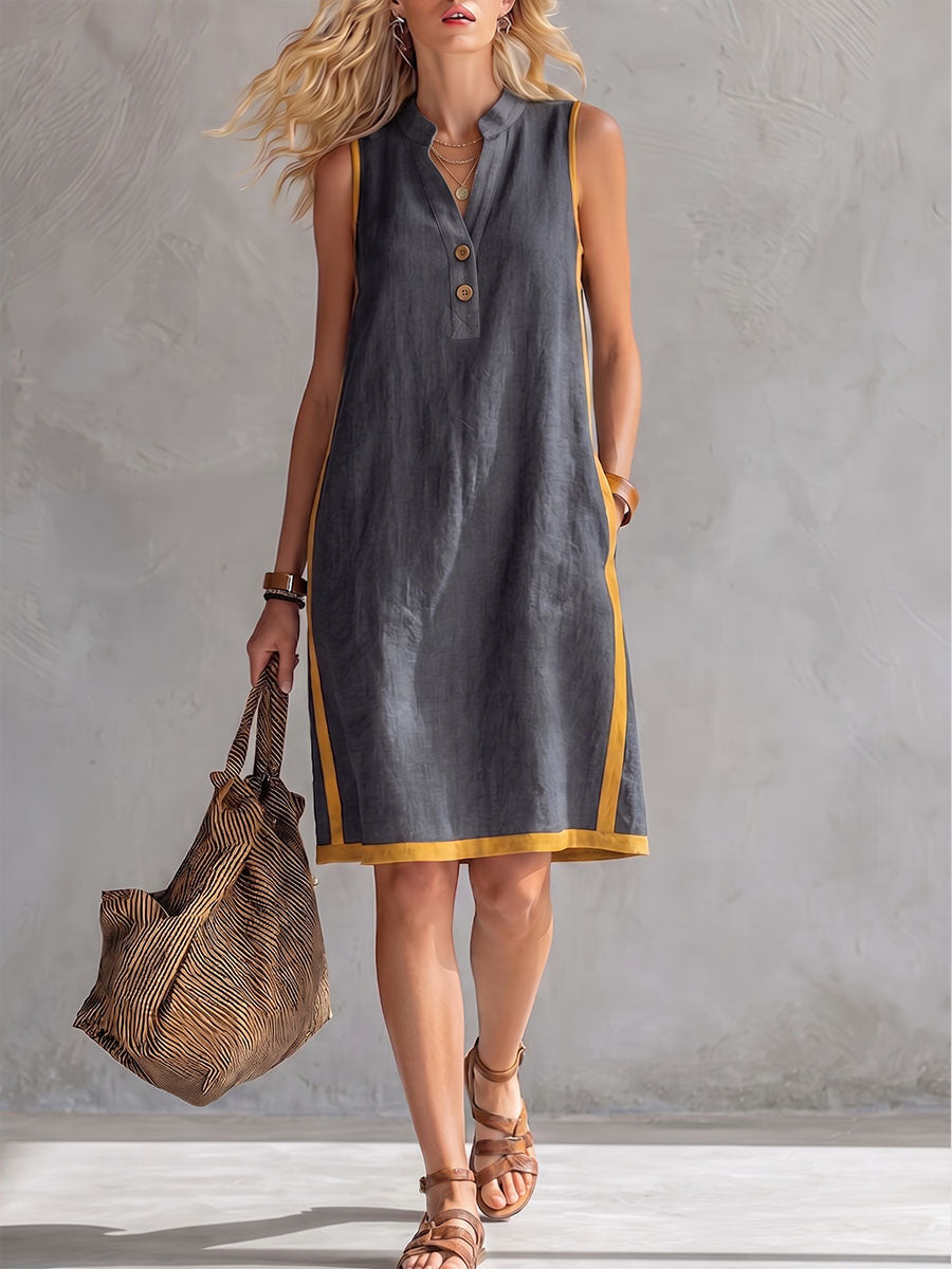 Women's V-neck Sleeveless Casual Loose Cotton-linen Dress