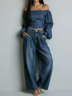 Women's Off-the-shoulder Long-sleeved Casual Loose Denim Top And High-waisted Wide-leg Jeans Set.