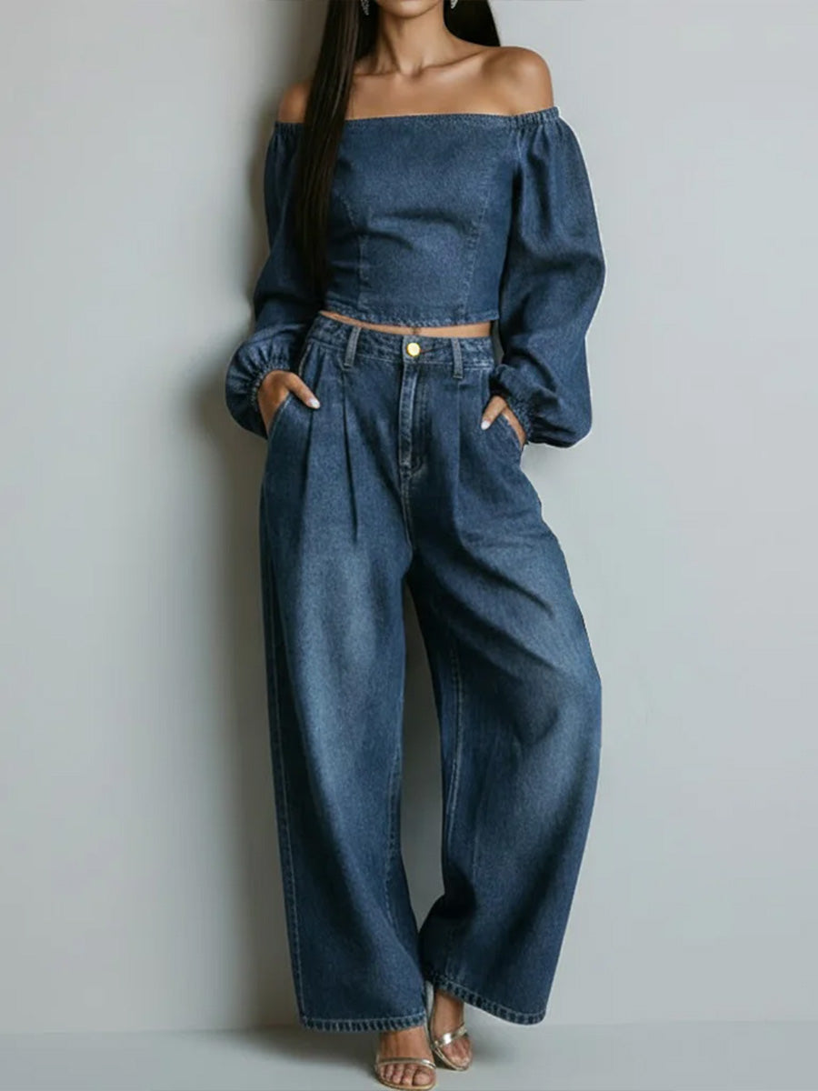 Women's Off-the-shoulder Long-sleeved Casual Loose Denim Top And High-waisted Wide-leg Jeans Set.