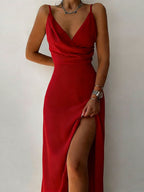 Women's Solid Color Spaghetti Strap V-neck Slit Dress