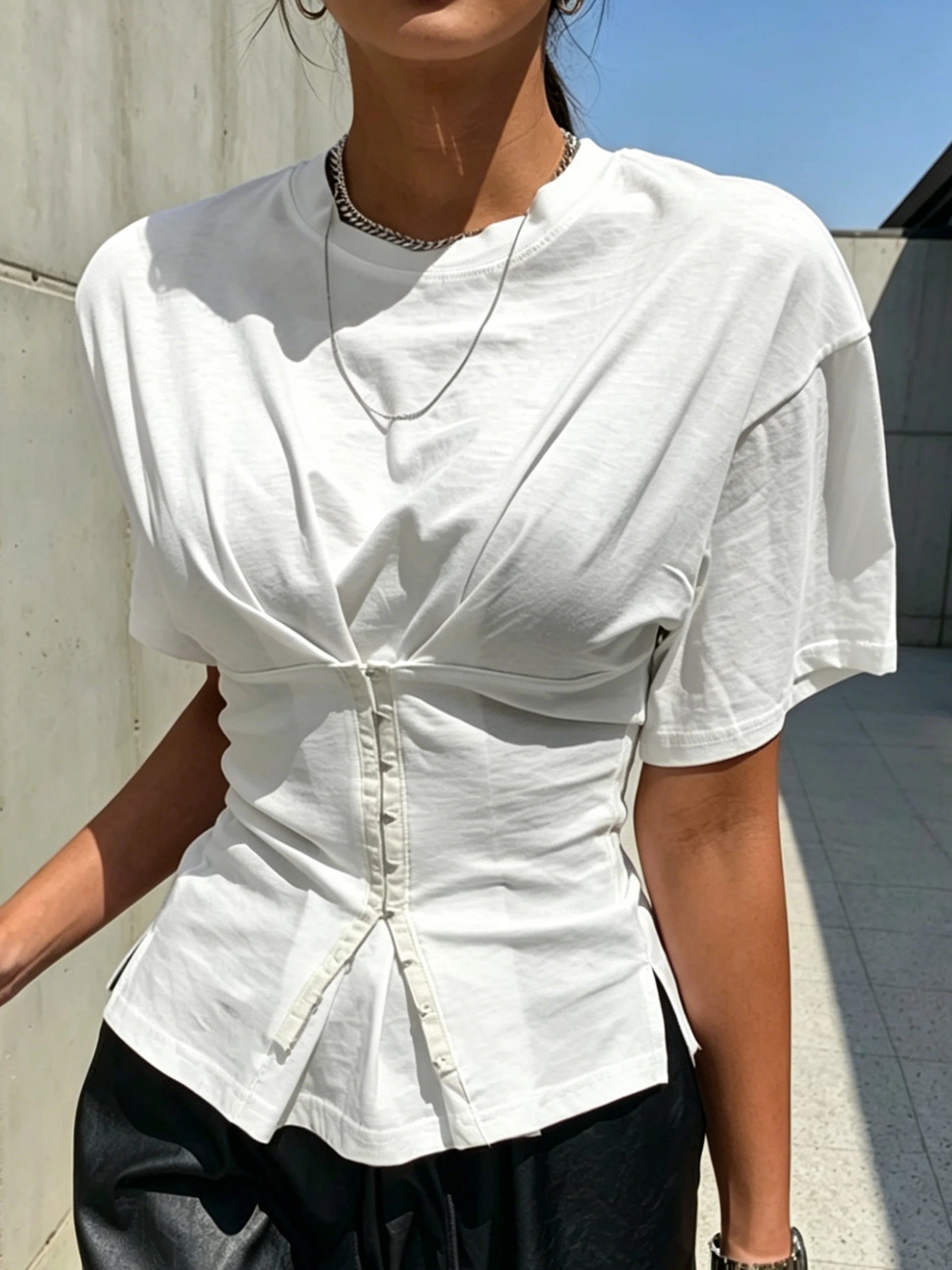 Women's White Short-Sleeve T-Shirt with Faux Two-Piece Waist-Cinching Design