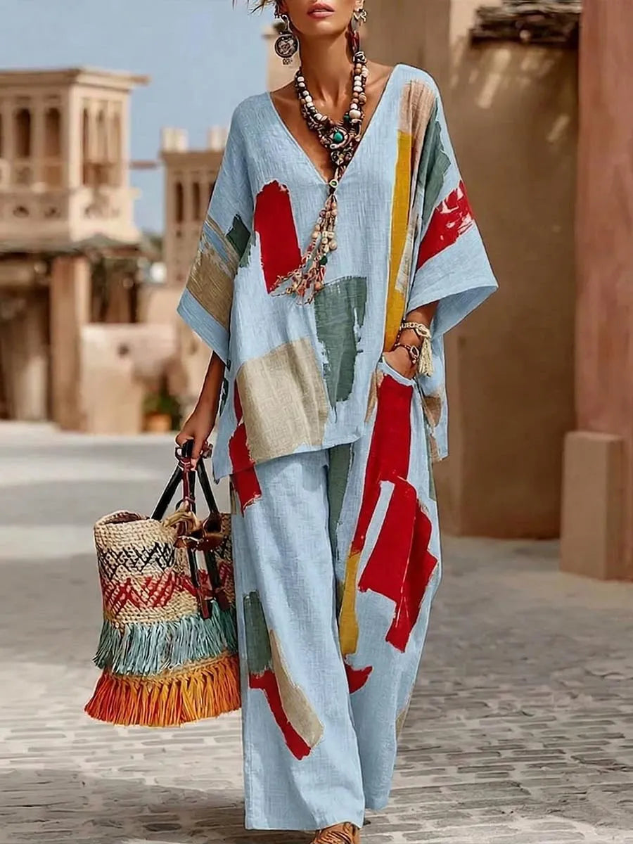 Women's Cotton-linen Set: Abstract Print V-neck 3/4-sleeve Casual Top & High-waisted Loose Wide-leg Pants