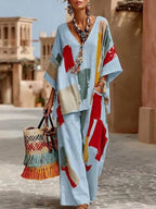 Women's Cotton-linen Set: Abstract Print V-neck 3/4-sleeve Casual Top & High-waisted Loose Wide-leg Pants