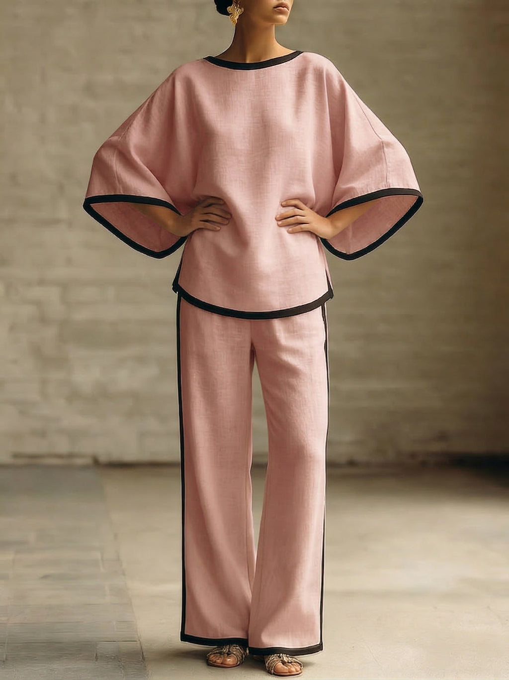 Elegant Trimmed Edge Loose Batwing Sleeve Cotton Linen Two-piece Set