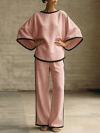 Elegant Trimmed Edge Loose Batwing Sleeve Cotton Linen Two-piece Set