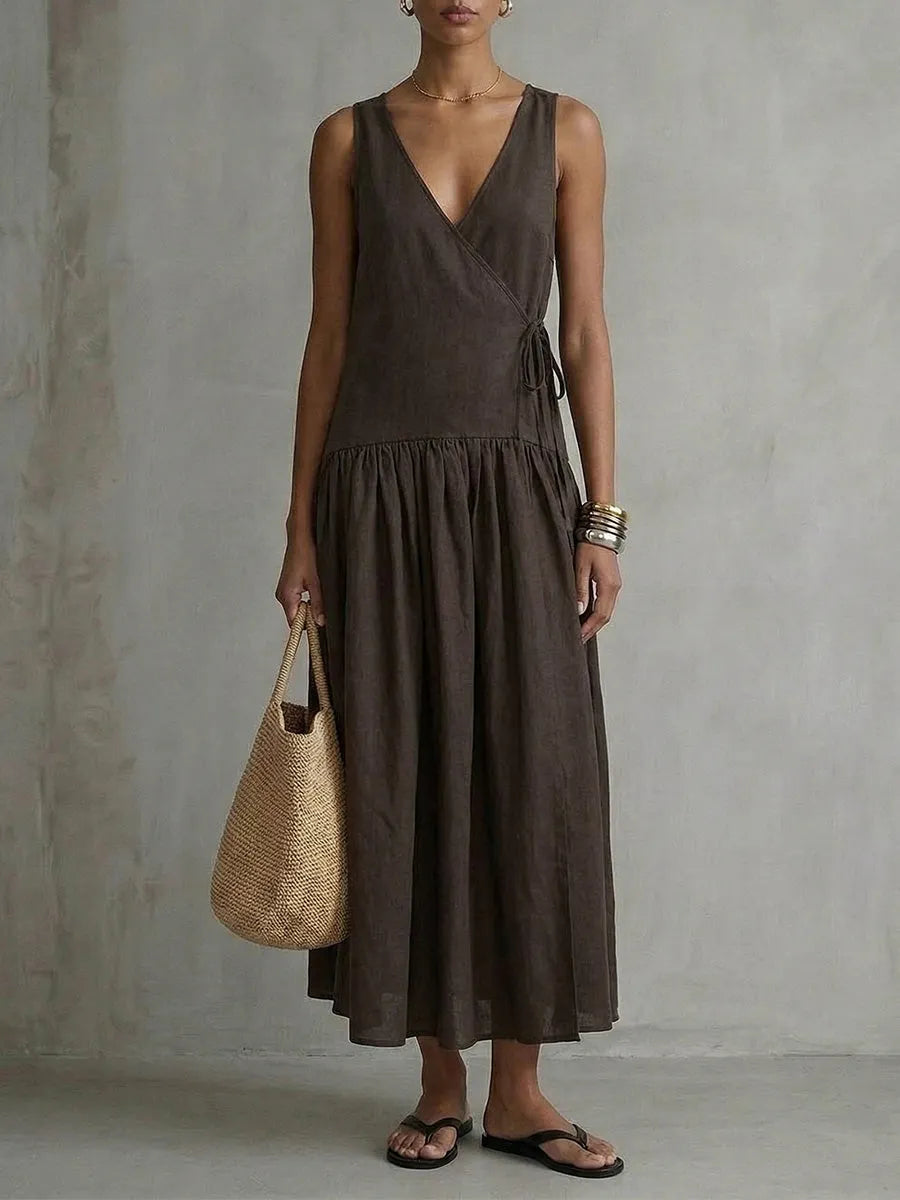 Women's V-neck Tie-waist Cotton-linen Dress