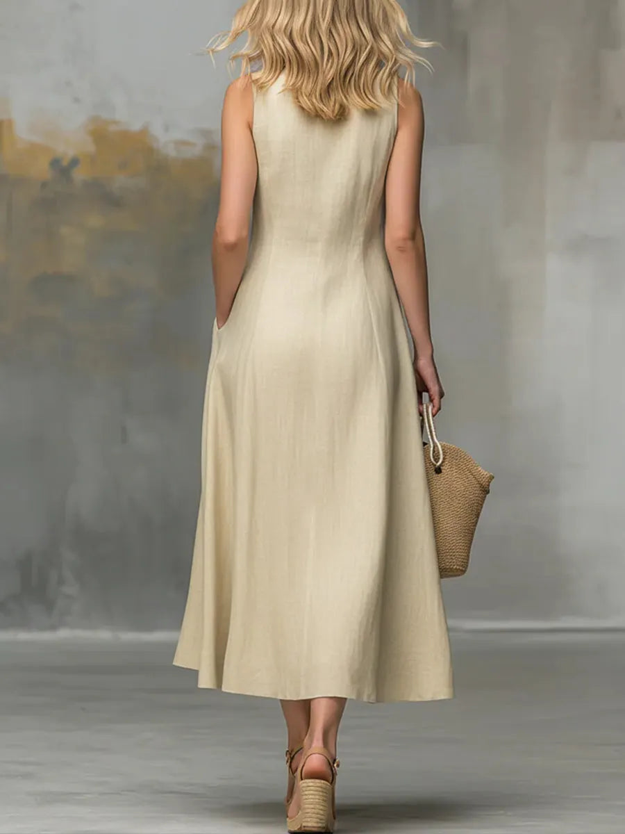 Women's Solid-color V-neck Sleeveless Casual Loose Cotton-linen Dress