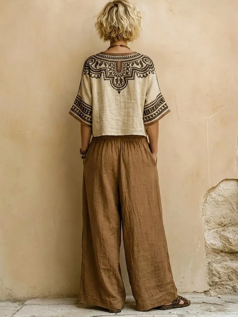 Bohemian Ethnic-print Linen And Cotton Shirt And Pants Two-piece Set