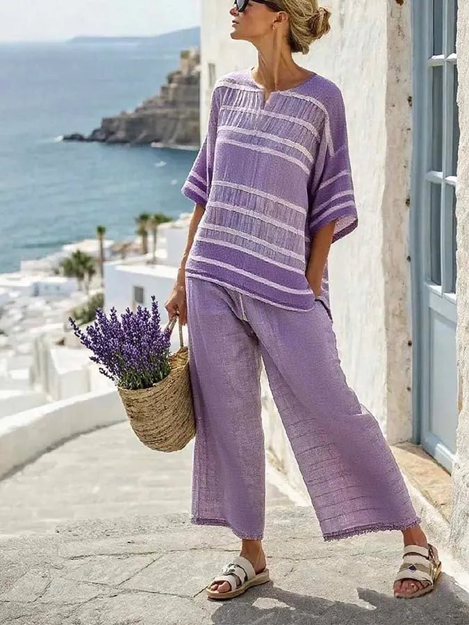 Women'S Loose Striped Printed Wide Leg Pants Set