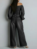 Women's Off-the-shoulder Long-sleeved Casual Loose Denim Top And High-waisted Wide-leg Jeans Set.
