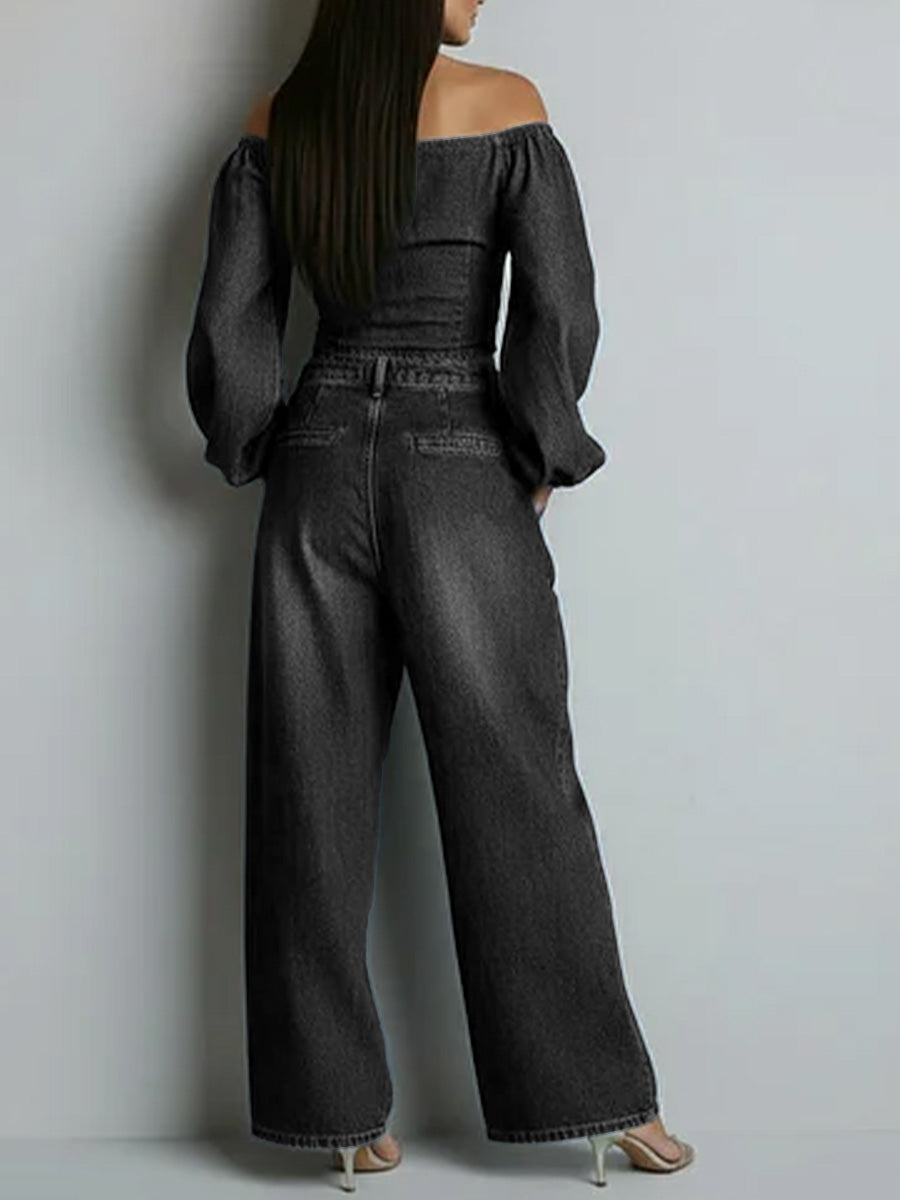 Women's Off-the-shoulder Long-sleeved Casual Loose Denim Top And High-waisted Wide-leg Jeans Set.