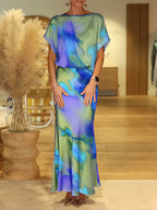 Women's Colorful Tie-patter Pattern Round Neck Short Sleeve Casual Loose Top And High Waist Slim Fit Satin Set