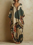 Bohemian Art-print Linen And Cotton Two-piece Top And Pants Set