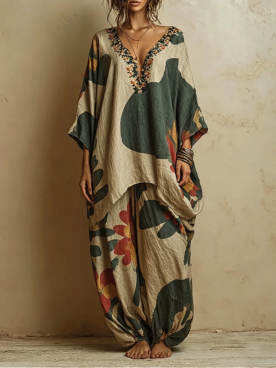 Bohemian Art-print Linen And Cotton Two-piece Top And Pants Set