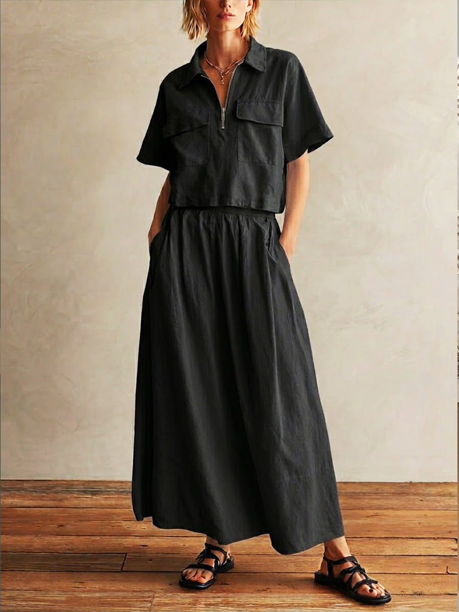 Casual Half-zip Short-sleeved Cotton Top And Skirt Two-piece Set