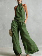 Women's Stand-up Collar Sleeveless Casual Loose Cotton And Linen Top With Elastic Waist And Wide-leg Pants Cotton And Linen Set