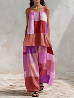 Women's Geometric Print Cotton-linen Set: Crew Neck Sleeveless Loose-fit Top & High-waisted Loose-fit Wide-leg Pants