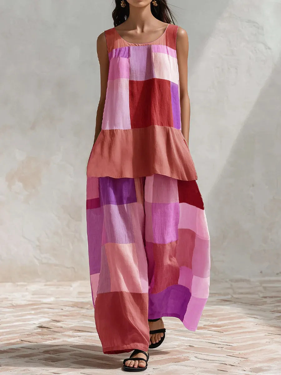 Women's Geometric Print Cotton-linen Set: Crew Neck Sleeveless Loose-fit Top & High-waisted Loose-fit Wide-leg Pants