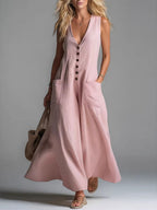 Women's Casual Pocket Deep V-neck Solid Color Casual Dress