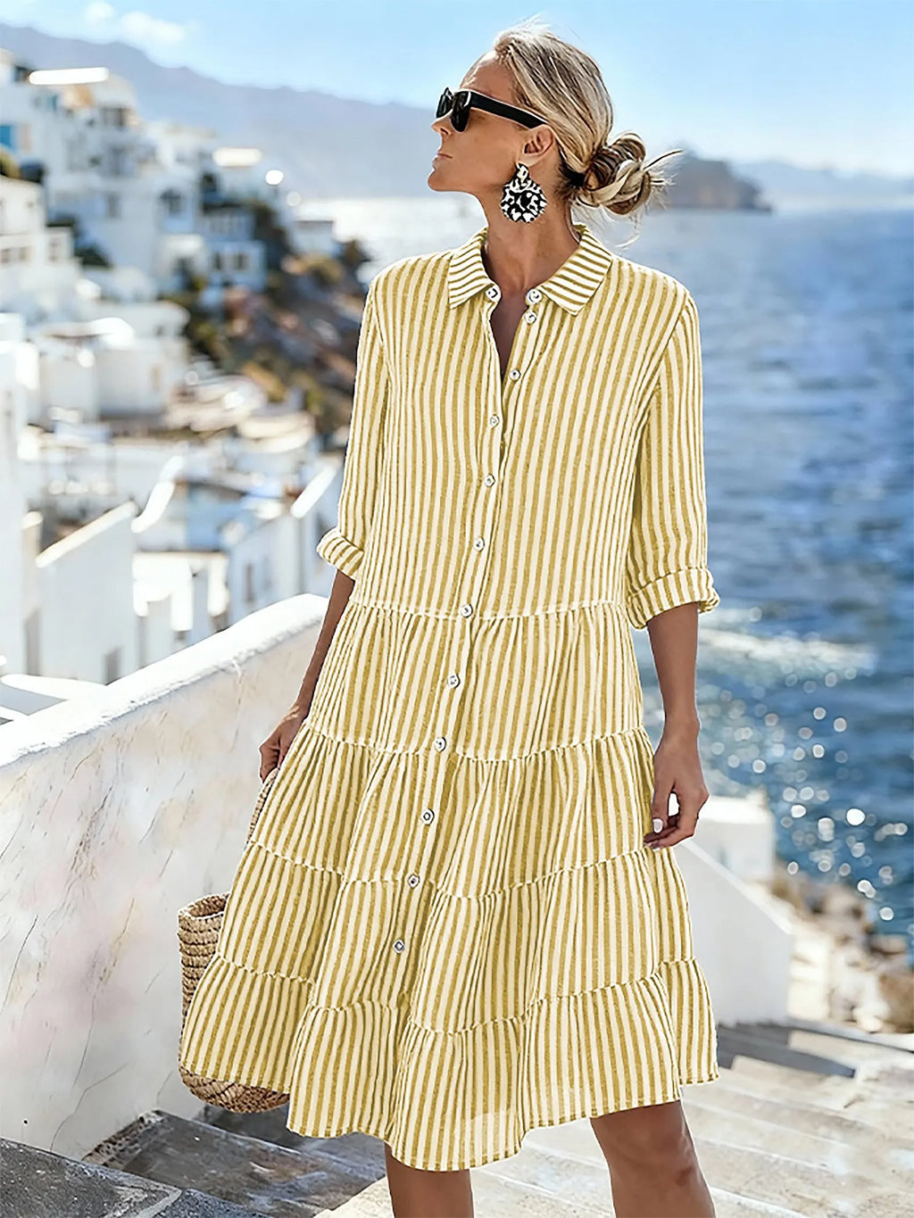 Women'S Casual Striped Color-Block Cotton And Linen Dress